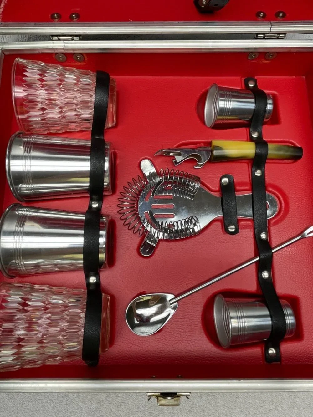 Vintage 1960s Trav-L-Bar Portable Cocktail Bar Set, Red Interior Mid-Century MCM